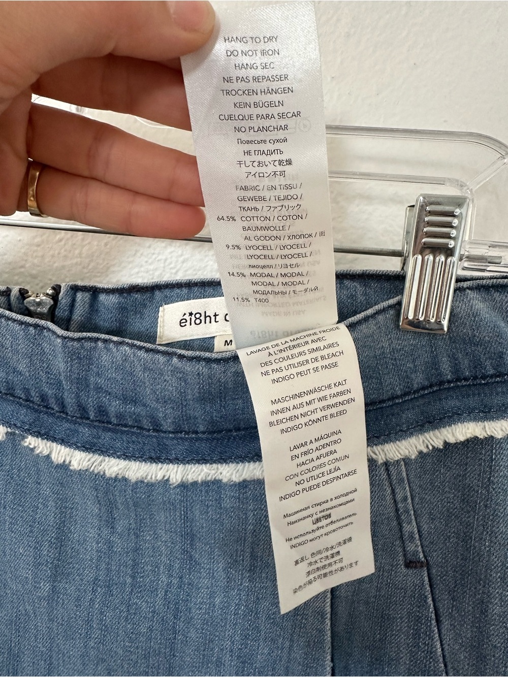 Ei8ht Dreams Light Wash Blue Denim Asymmetric Mini Skirt Fringe Hem Size M - Picture 14 of 14